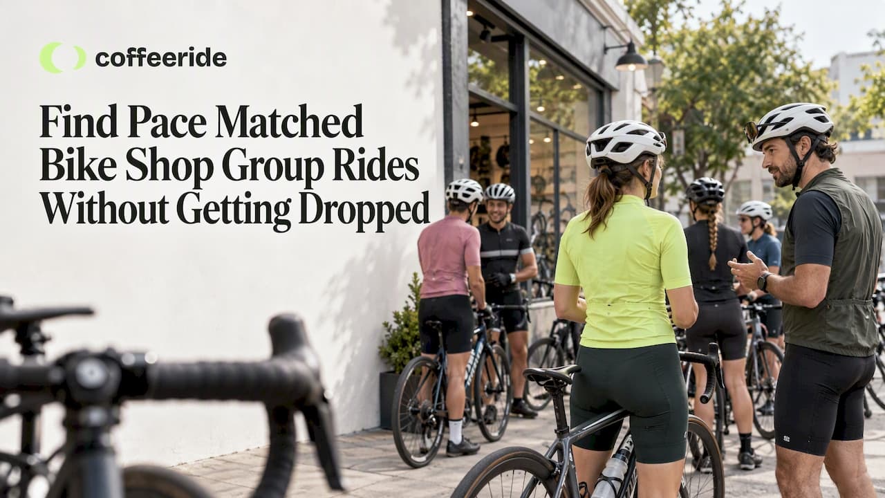 Cyclists sorting into pace groups outside shop