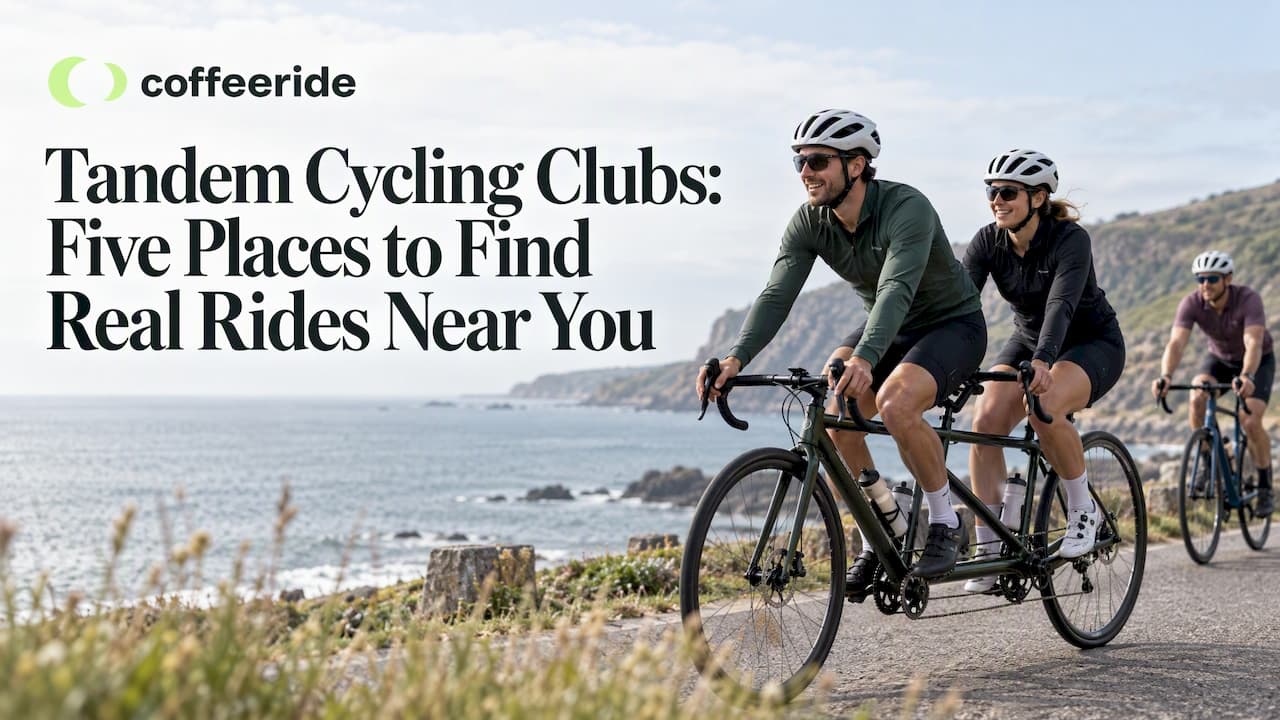 Tandem club riders cycling along a coastal path